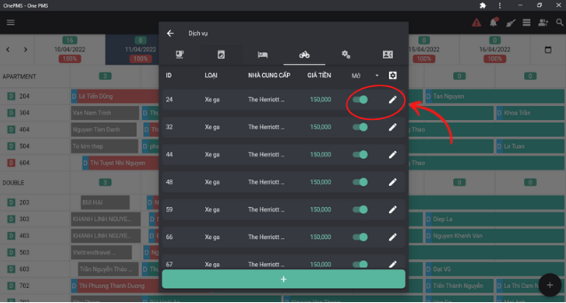 One PMS - Phần mềm quản lý khách sạn miễn phí - Nút chỉnh sửa và nút bật/tắt