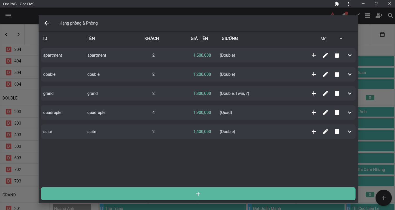 Phần mềm quản lý khách sạn OnePMS - màn hình danh sách hạng phòng