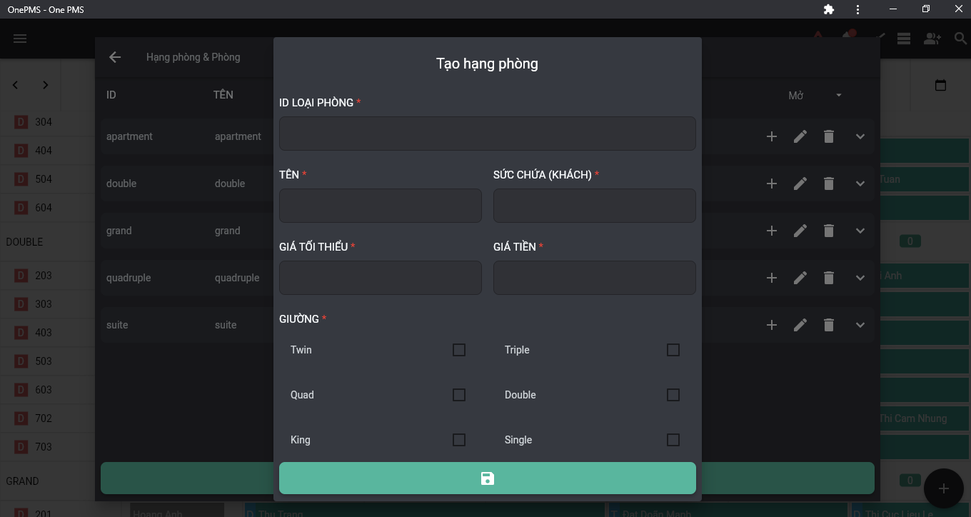 Phần mềm quản lý khách sạn OnePMS -  tạo hạng phòng  mới