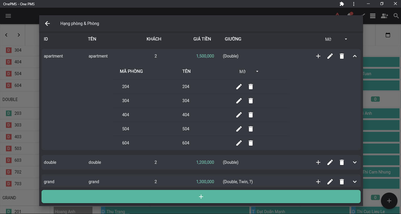 Phần mềm quản lý khách sạn OnePMS - danh sách phòng