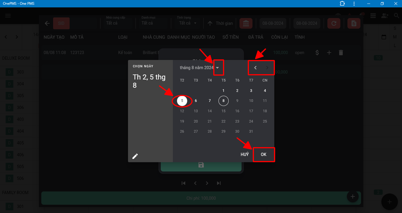 Chọn ngày trong tạo mới chi phí trên phần mềm quản lý nhà nghỉ