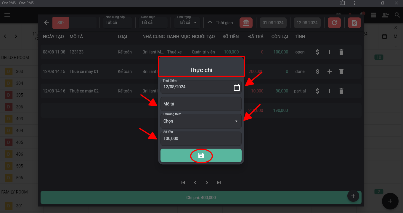 Thực chi trên phần mềm quản lý nhà nghỉ