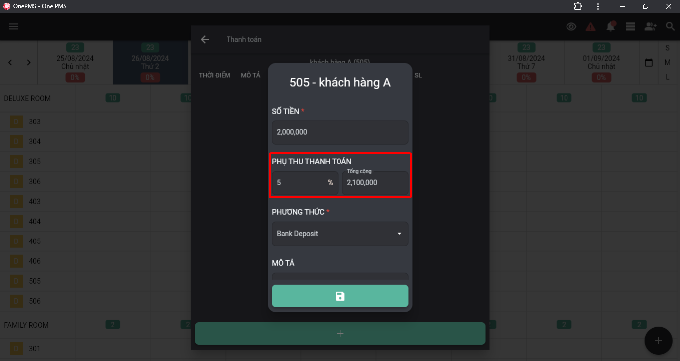 Chức năng phụ thu thanh toán trên phần mềm quản lý khách sạn OnePMS