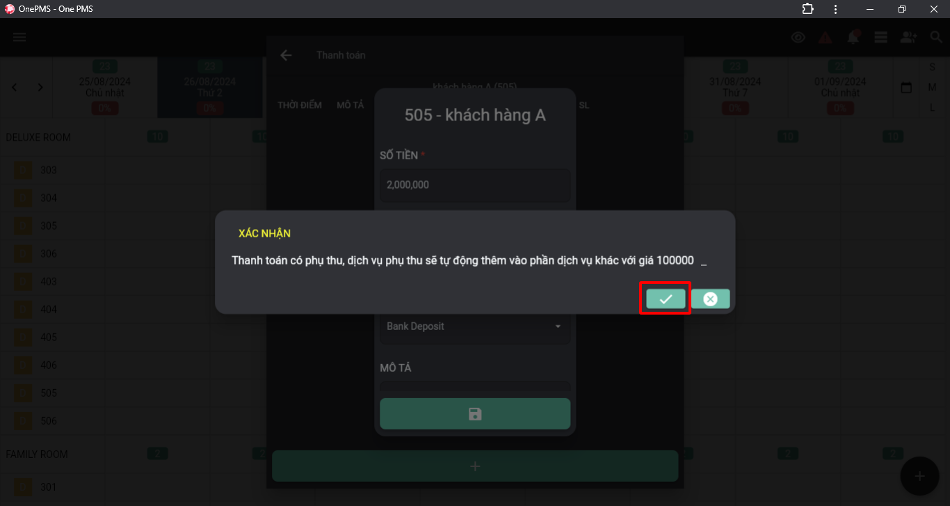 Chức năng phụ thu thanh toán trên phần mềm quản lý khách sạn OnePMS