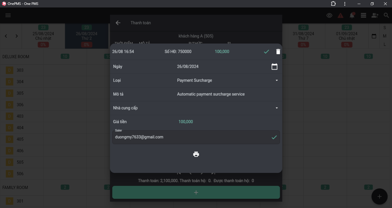 Chức năng phụ thu thanh toán trên phần mềm quản lý khách sạn OnePMS