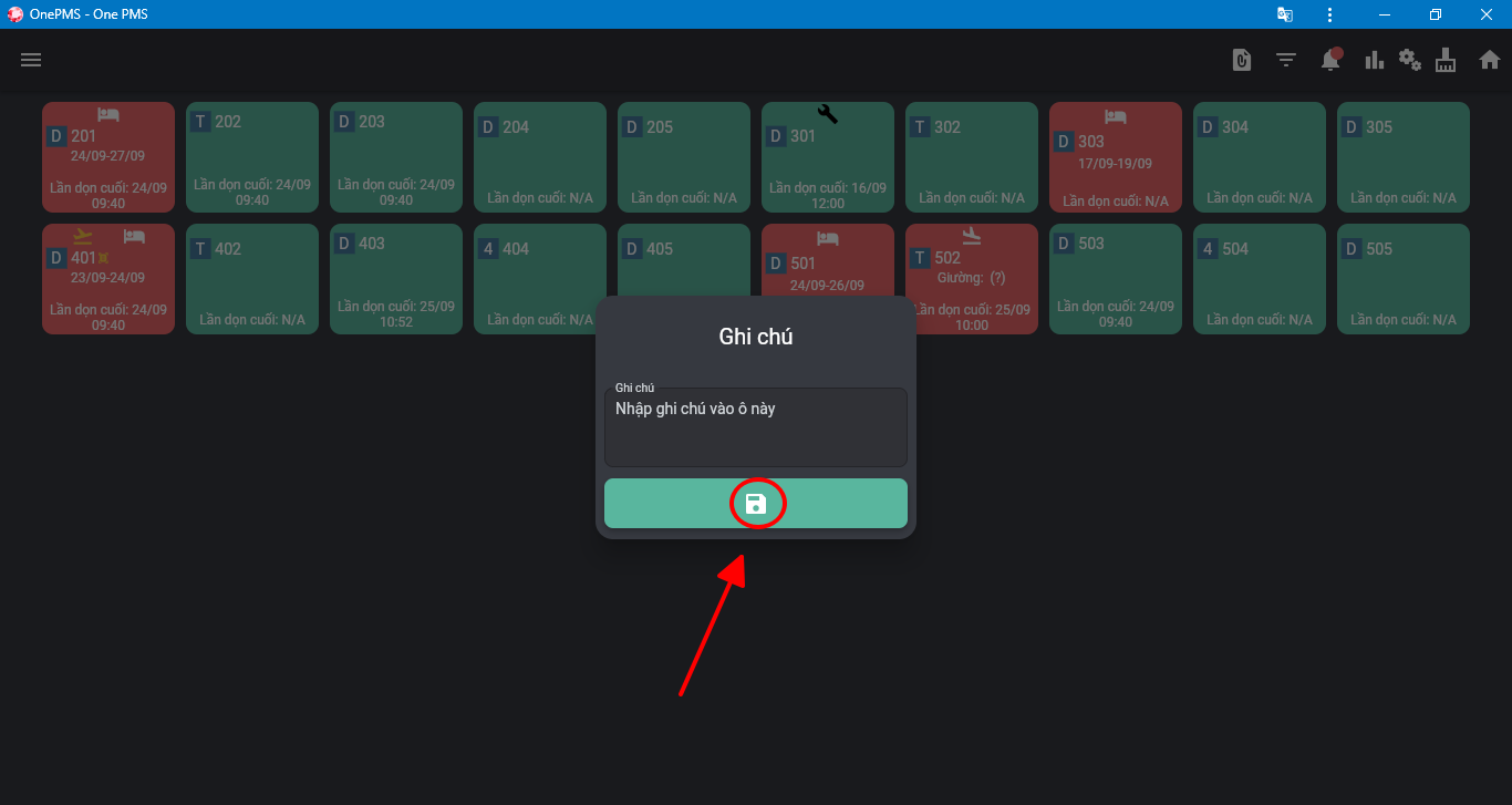 Thao tác buồng phòng tạo ghi chú cho phòng trên phần mềm quản lý khách sạn OnePMS