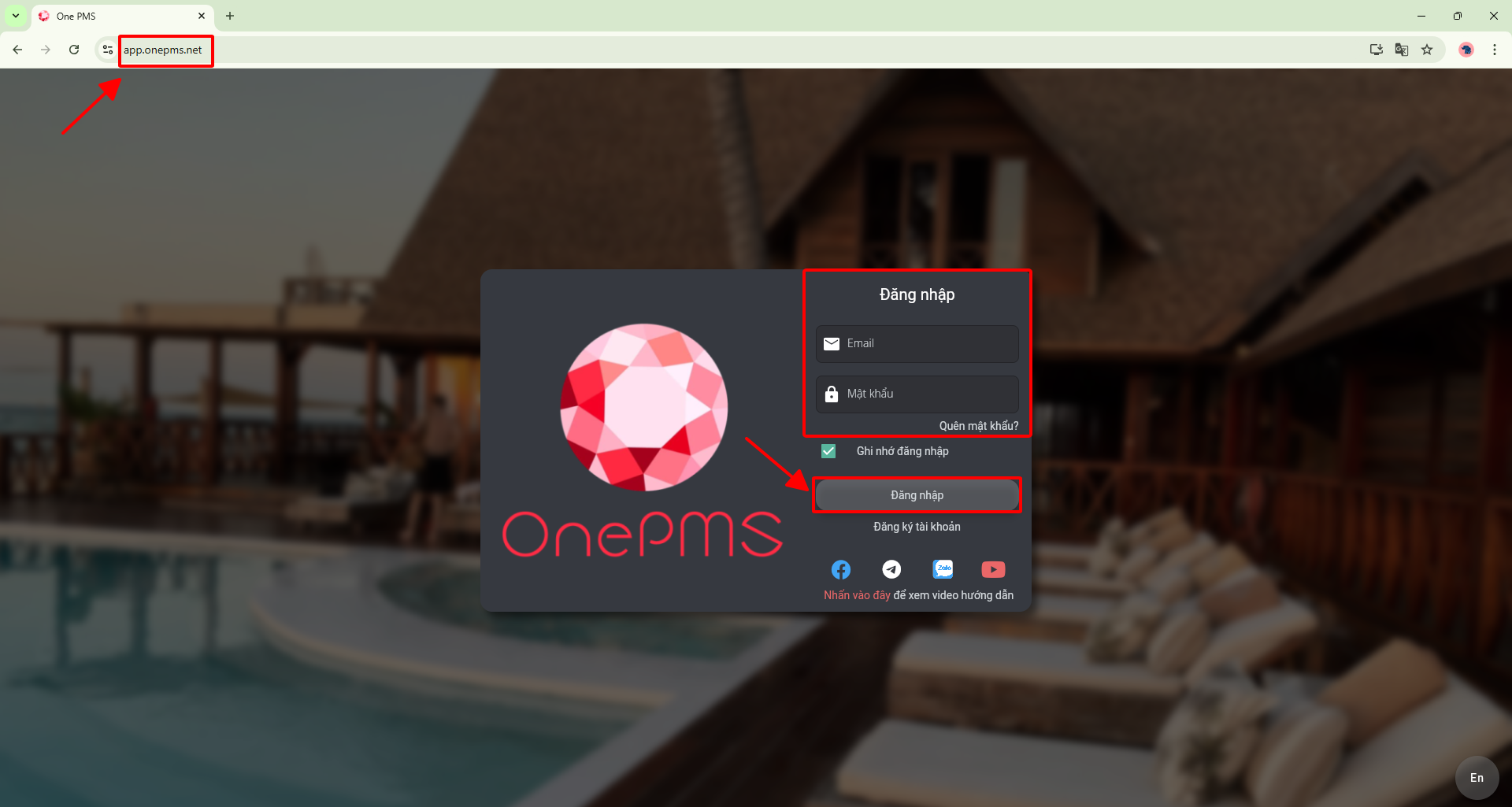 Đăng nhập phần mềm quản lý khách sạn OnePMS