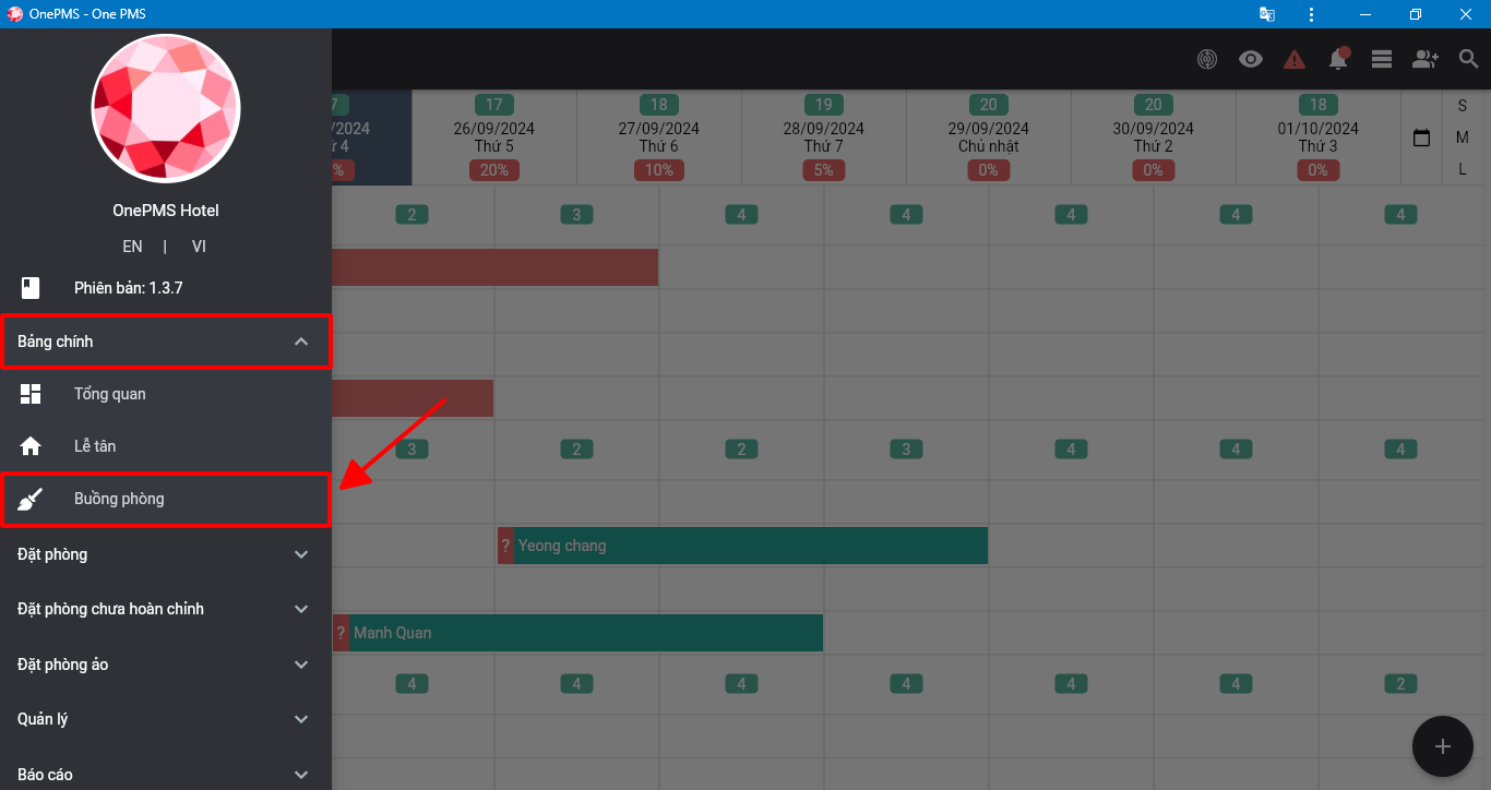 Màn hình quản lý buồng phòng trên phần mềm quản lý khách sạn OnePMS