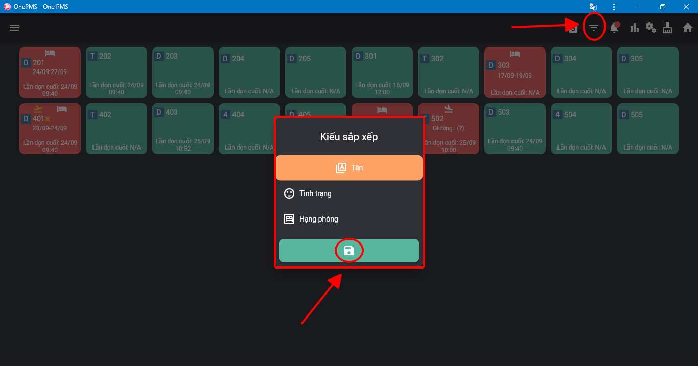 Màn hình Quản lý buồng phòng trên phần mềm quản lý khách sạn OnePMS