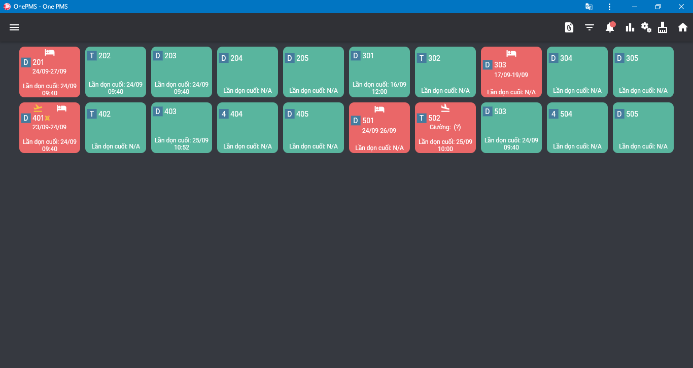 Giao diện quản lý buồng phòng trên phần mềm quản lý khách sạn OnePMS