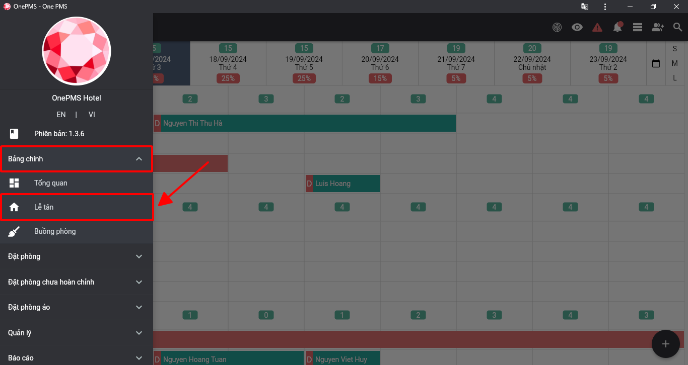 Giao diện quản lý lễ tân & đặt phòng trên phần mềm quản lý khách sạn OnePMS