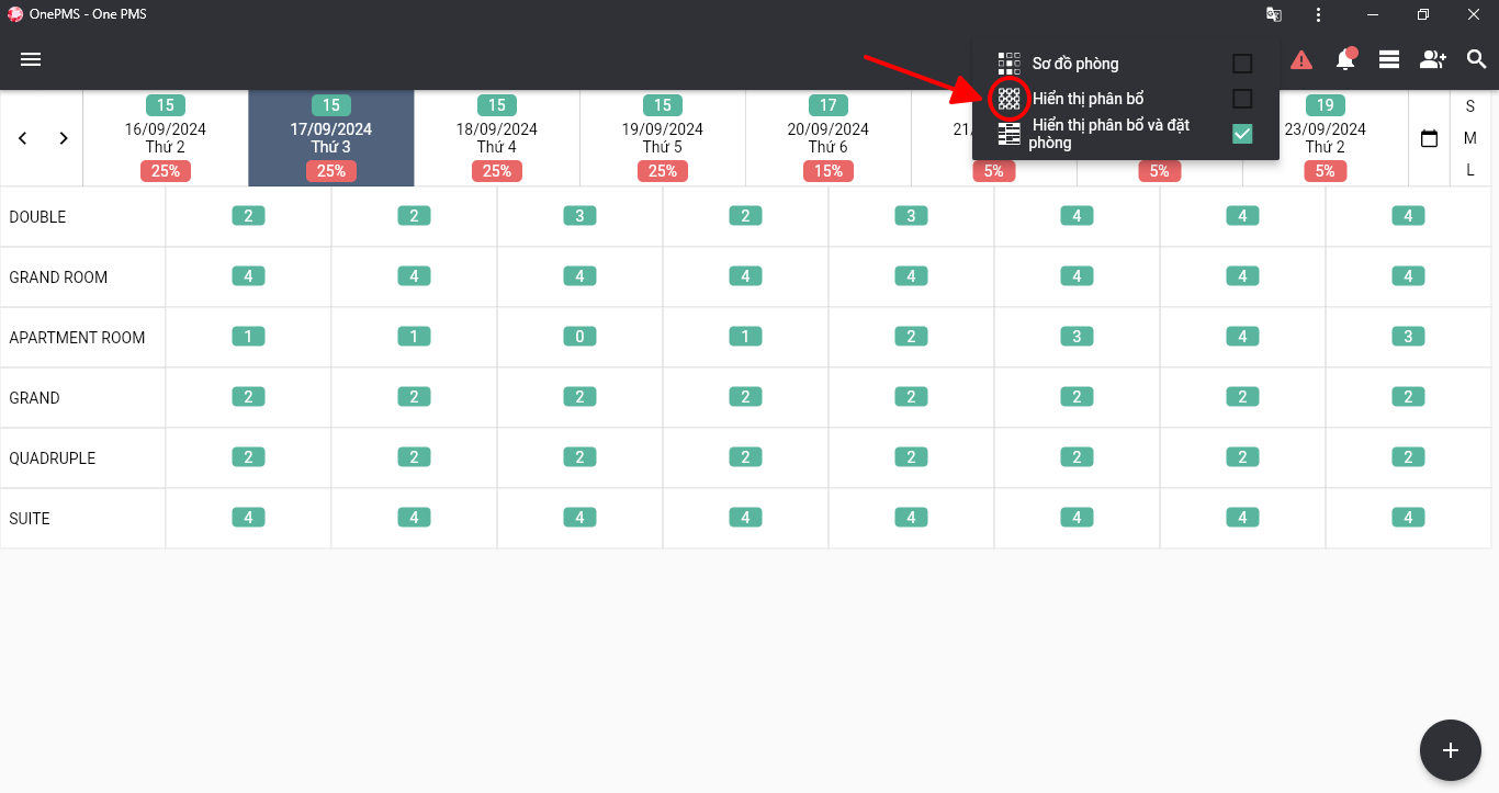 Giao diện hiển thị phân bổ trên phần mềm quản lý khách sạn OnePMS