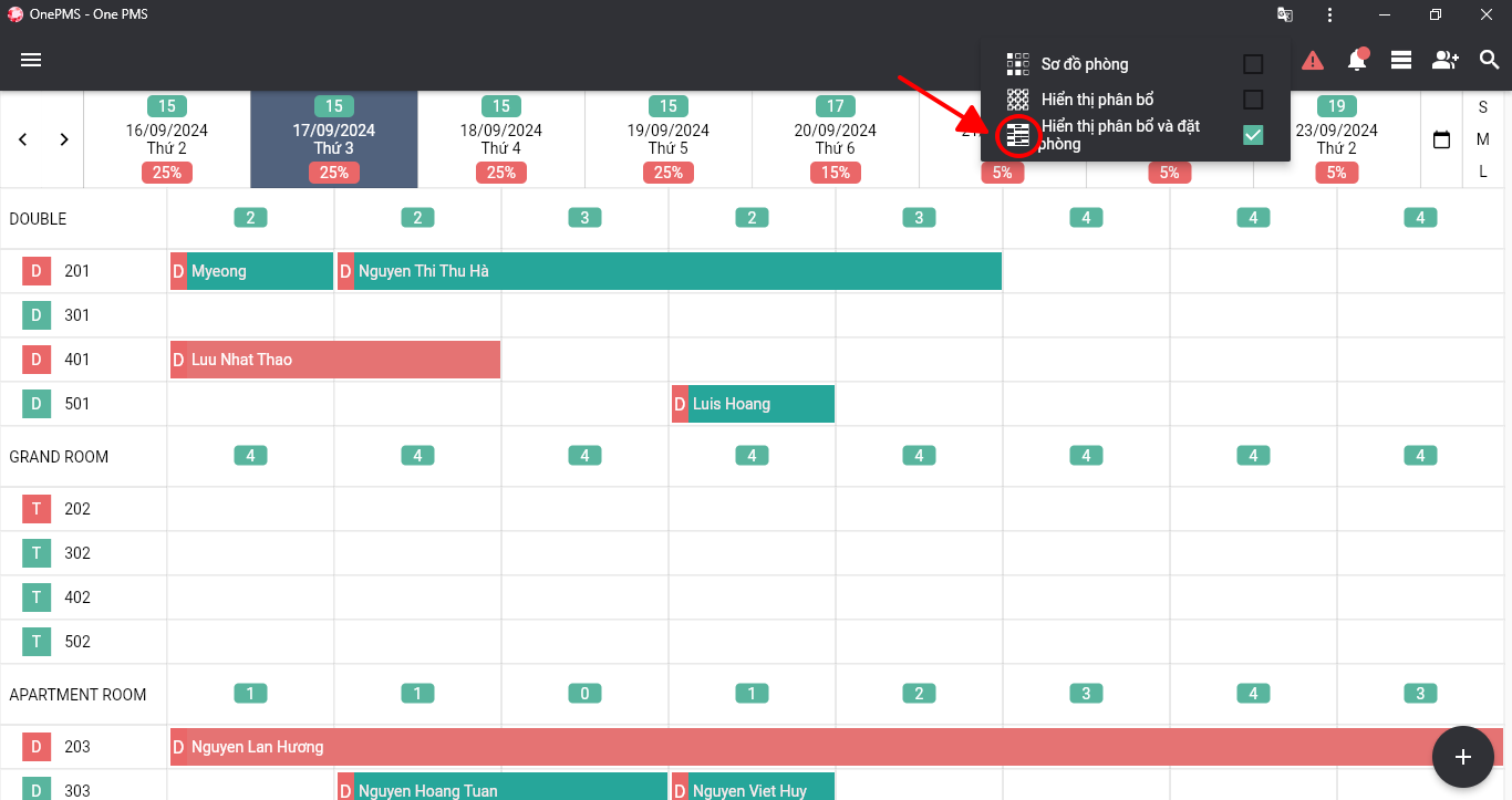 Giao diện Hiển thị phân bổ và đặt phòng trên phần mềm quản lý khách sạn OnePMS