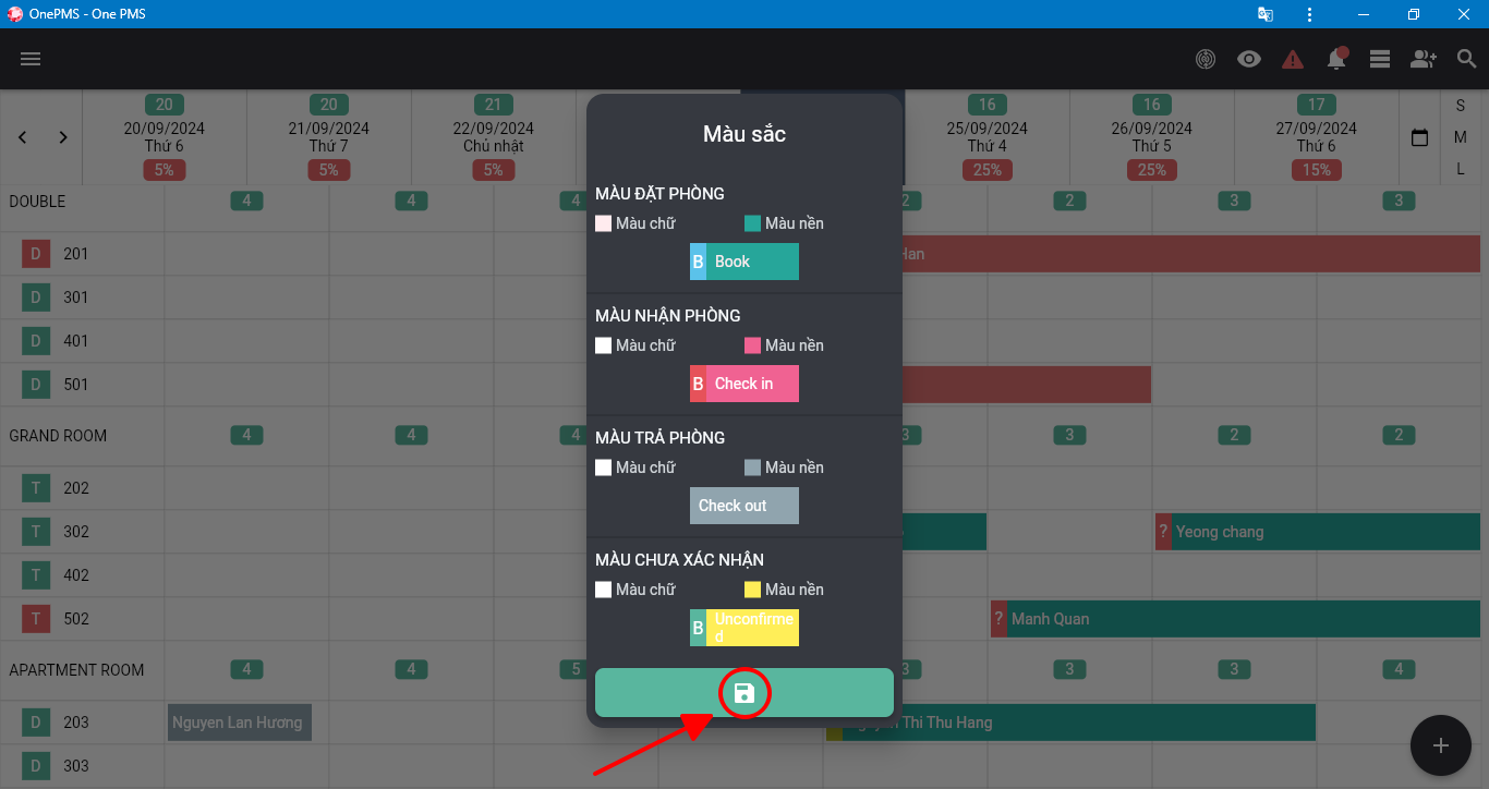 Tùy chỉnh màu sắc đặt phòng trên phần mềm quản lý khách sạn OnePMS