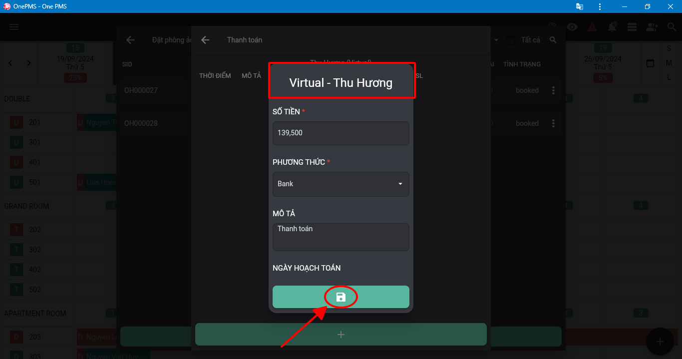 Tạo thanh toán cho đặt phòng ảo trên phần mềm quản lý khách sạn OnePMS
