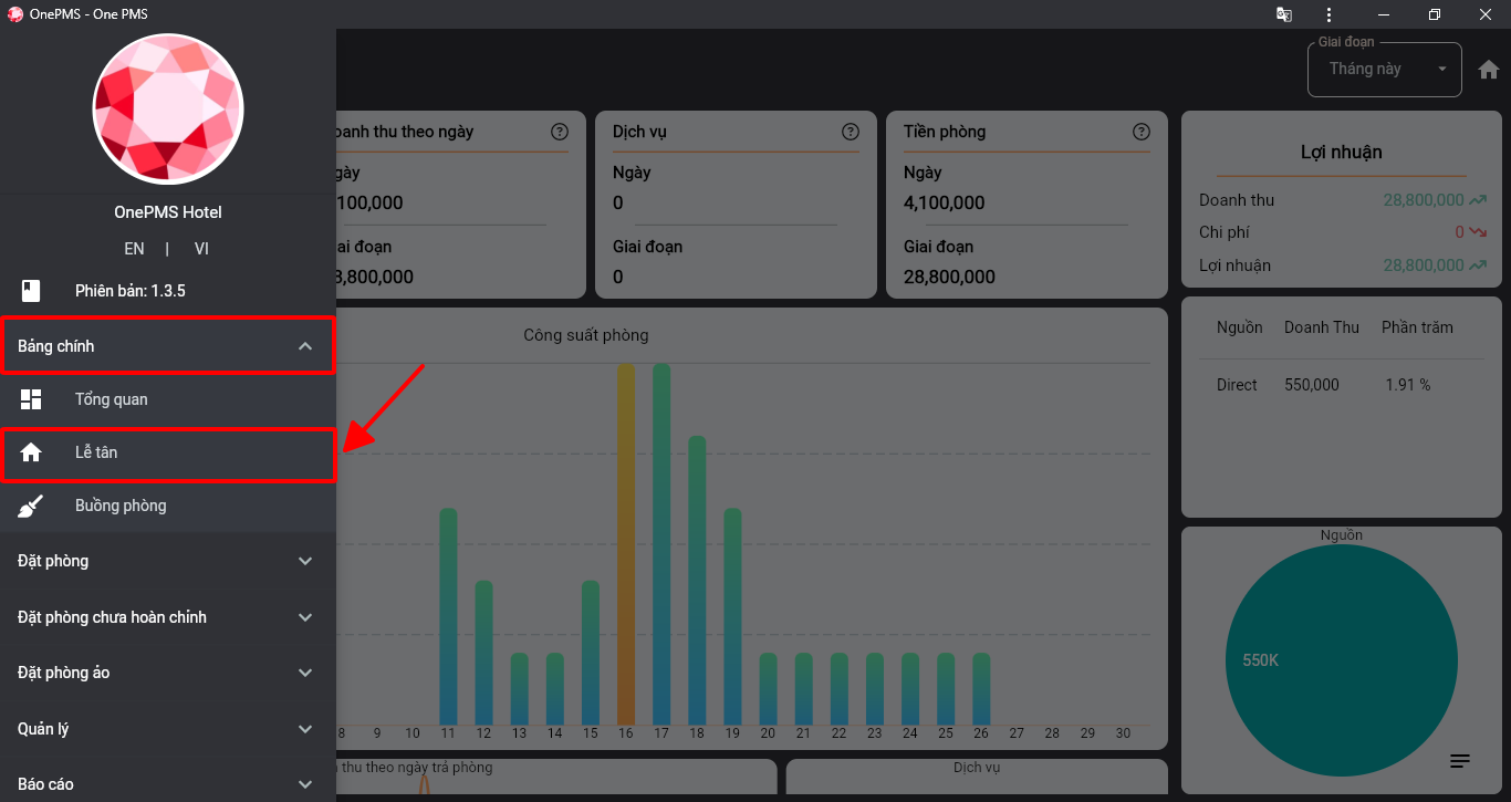 Màn hình quản lý lễ tân & đặt phòng trên phần mềm quản lý khách sạn OnePMS