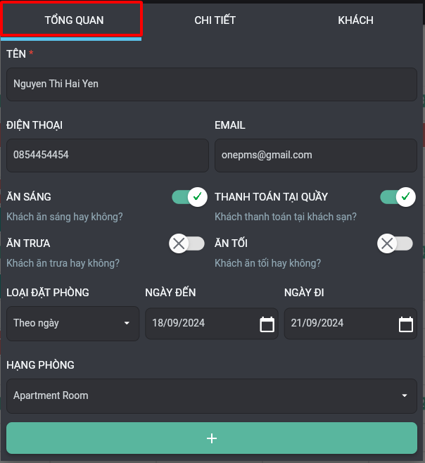 Thiết lập thông tin đặt phòng mới trên phần mềm quản lý khách sạn OnePMS
