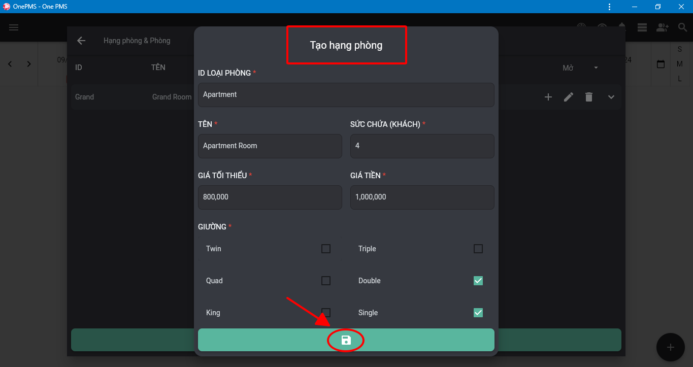 Tạo hạng phòng trên phần mềm quản lý khách sạn OnePMS