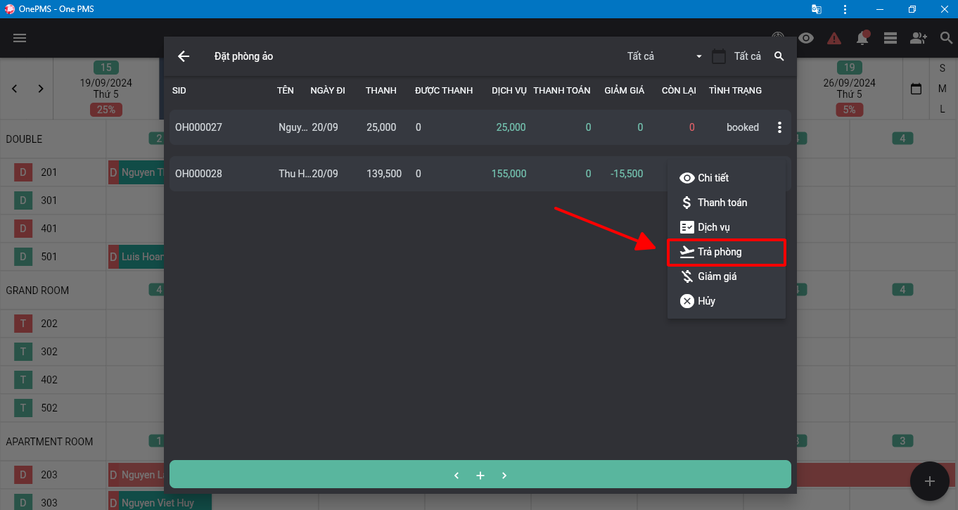 Trả phòng đặt phòng ảo trên phần mềm quản lý khách sạn OnePMS