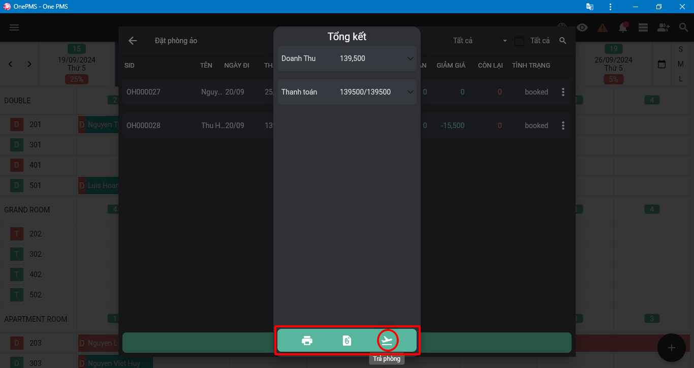 Trả phòng đặt phòng ảo trên phần mềm quản lý khách sạn OnePMS