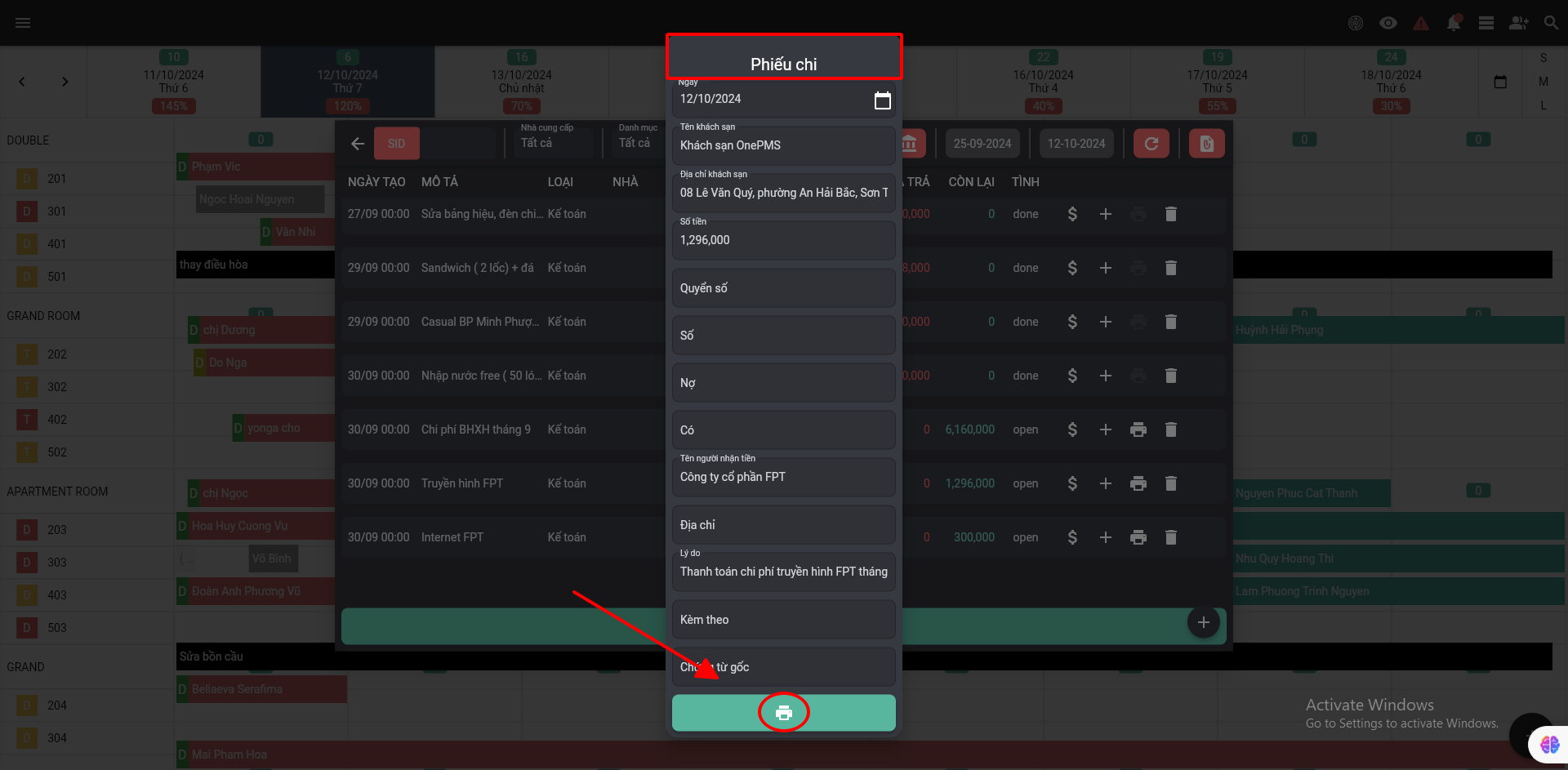 Tạo phiếu chi trên phần mềm quản lý nhà nghỉ OnePMS