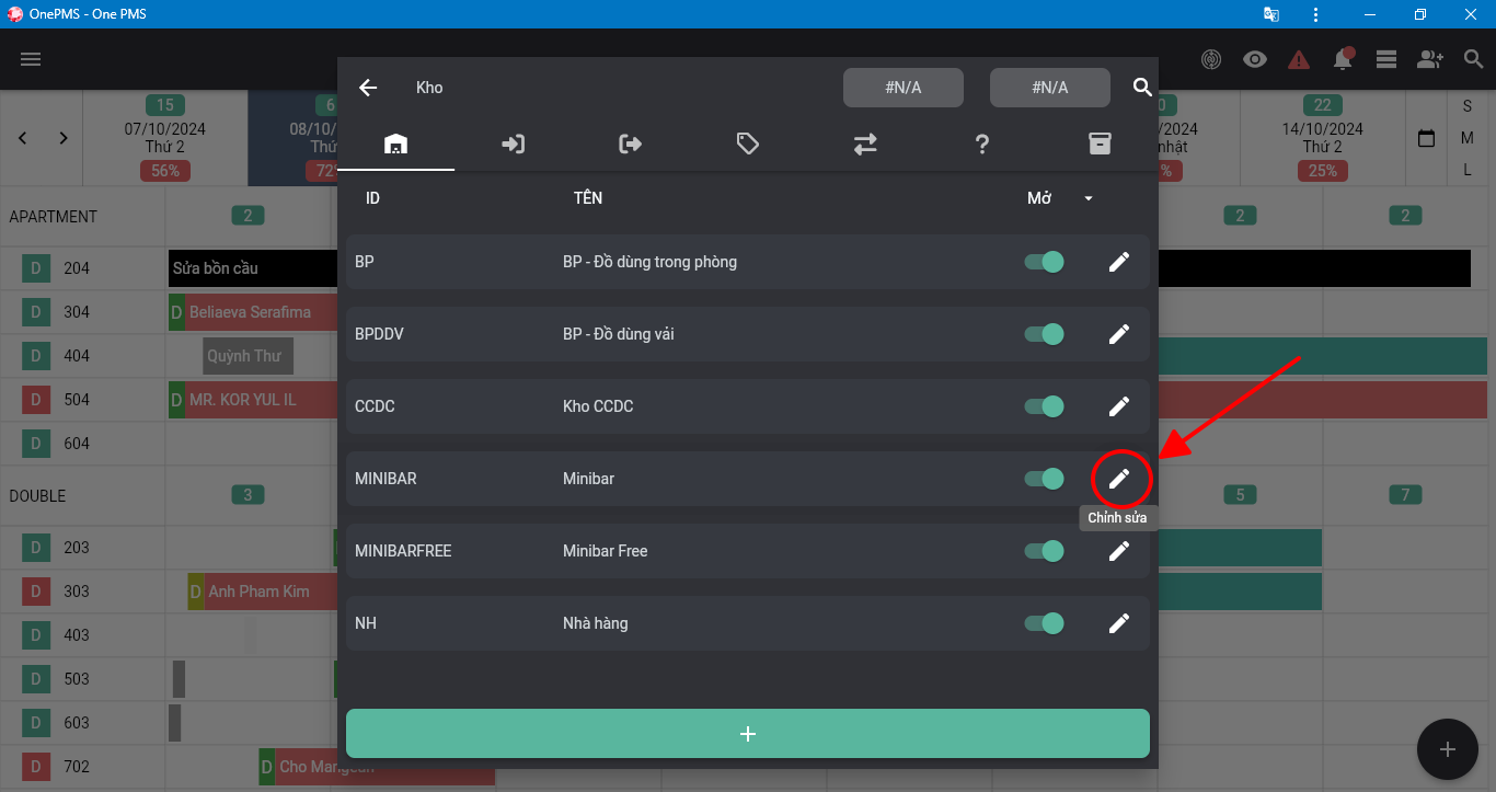 Chỉnh sửa kho trên phần mềm quản lý khách sạn OnePMS