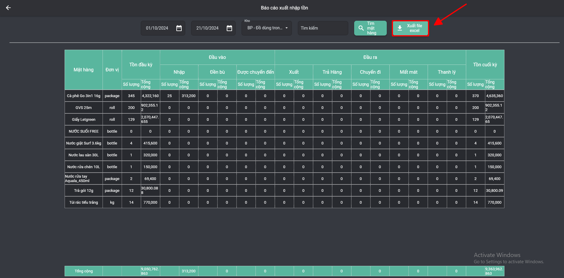 Xuất excel báo cáo xuất nhập tồn hàng hóa trên OnePMS