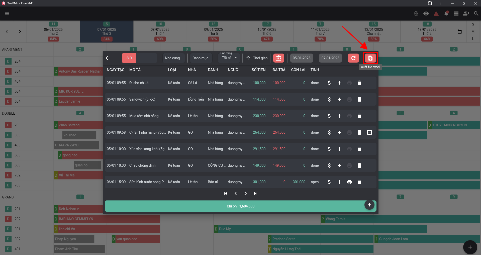 Tải file excel chi phí trên OnePMS